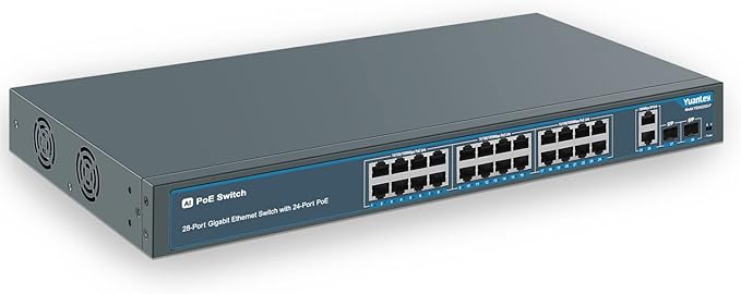 24 Port Gigabit Ethernet PoE Switch with 2 Uplink Gigabit Port & 2 SFP Port, YuanLey Unmanaged 24 Port PoE+ Network Switch, Rackmout, Build in 400W Power, Support 802.3af/at, Plug and Play