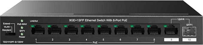 Tenda TEG1110PF Unmanaged PoE Switch with 8 Port PoE+@120W, 8 Port Gigabit PoE Compatible with IEEE 802.3af/at Devices, w/ 1 Uplink Gigabit Port & 1 SFP Slot, Limited Lifetime Protection