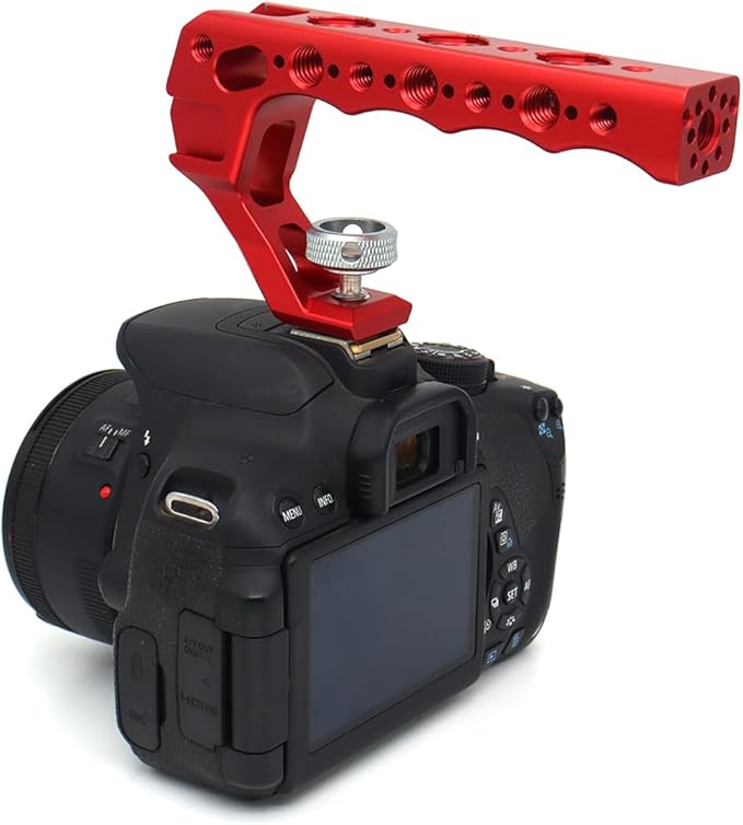 Universal Top Handle with Quick Release NATO Grip with NATO Rail for DSLR Camera Cage, with 3 Cold Shoe Adapters to Mount DSLR Camera with Microphone/LED Light/Monitor (Red with NATO Rail)