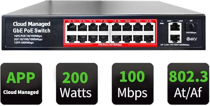 Poe Switch, 16 Port PoE+ Switch, Cloud Managed 10/100Mbps Ethernet Switch, 16 Poe Ports @200W, 2 Gigabit Uplink Ports, 1*SFP Slot, APP Smart Managed, Overload Protection w/ Port, Plug and Play