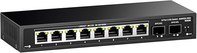 10 Port 2.5Gb Unmanaged Ethernet Switch with 8* 2.5G Base-T Ports, 2*10G SFP Ports, AUMOX PRO 80 Gbps Vlan Switching Capacity Compatible with 100/1000/2500Mbps Plug and Play
