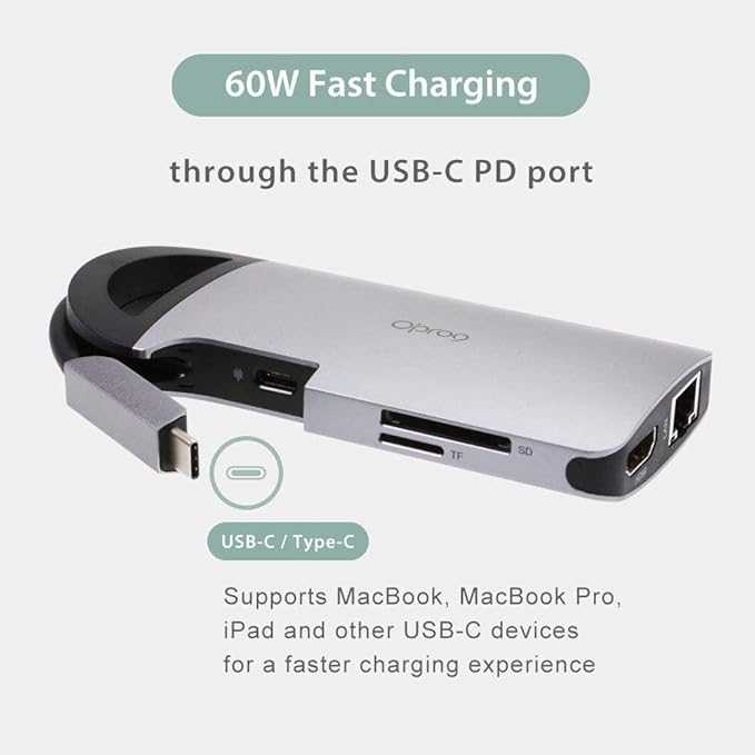 Opro9 8-in-1 USB-C Hub with 3 USB 3.0 Ports, Dual Monitor Laptop Docking Station, 4K HDMI, USB-C Power Delivery, SD/TF Card Reader & Ethernet, Portable for MacBook Pro and Other Type-C Laptops (Gray)