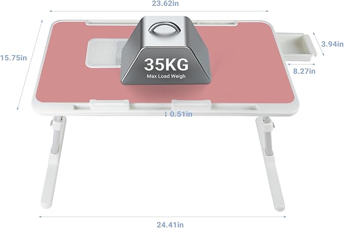 Laptop Lap Desk Include Cooling Fan,Adjustable Lap Desk with Light Fan,Folding Laptop Desk for Bed with USB,Bed Desk with Storage Drawer 60x40cm,Pink