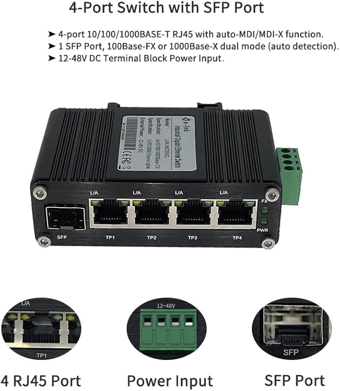 Mini Industrial 4 Port 10/100/1000Mbps Gigabit Ethernet Switch with SFP Din Rail/Wall-Mount 10/100/1000BASE-T RJ45 + 1 100/1000FX (SFP) Support 12-48V DC 10Gbps Switching Capacity
