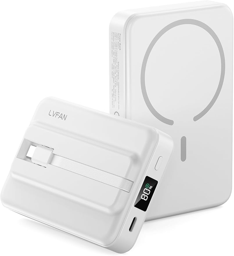LVFAN for Magsafe Power Bank 10000mAh, Fast Charging Wireless Magnetic Portable Charger with Built-in USB C in&Out Cable, Travel LED Display Battery Pack for iPhone 17 16 15 14 13 12