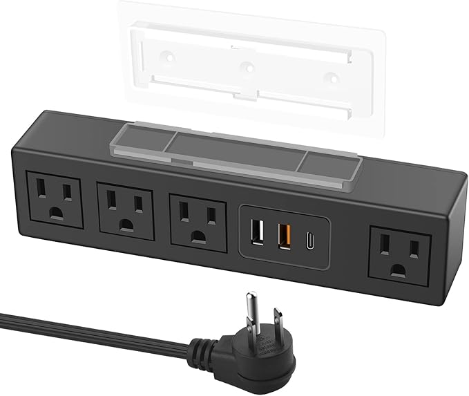 HHSOET Under Desk Power Strip with 3M Adhesive, Removable Under Desktop Mount Plug with Fast Charging USB C and USB A Ports, 4 Outlet Under Table Surge Protector 1200J, 10FT Extension Cord. (Black)