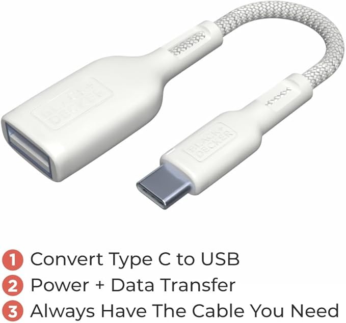 BLACK+DECKER USB C to USB A Adapter, USB C Male to USB Female Adapter Nylon Braid, Type C OTG Cable Compatible w/iPhone 16 15 Pro, MacBook Pro 2022/Air/Mini, iPad—2 Pack, 3" (White)