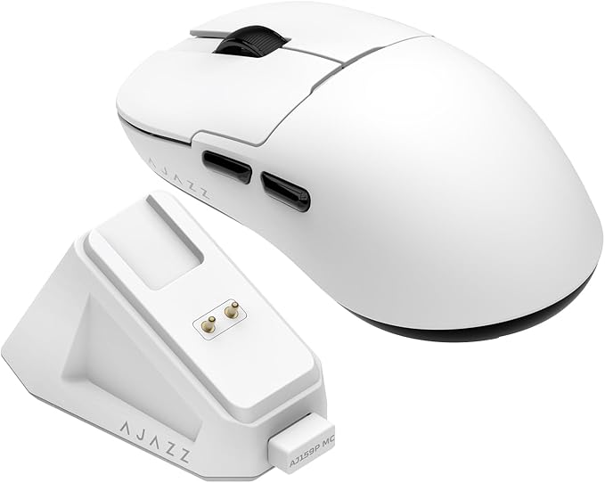 AJ159P MC Triple Mode (2.4G/Wired/Bluetooth 5.2) Gaming Mouse, 12000 DPI, 56g Ultra-Light, Magnetic RGB Charging Dock, Programmable 6 Buttons, Ergonomic Design for Computer Laptop PC, White