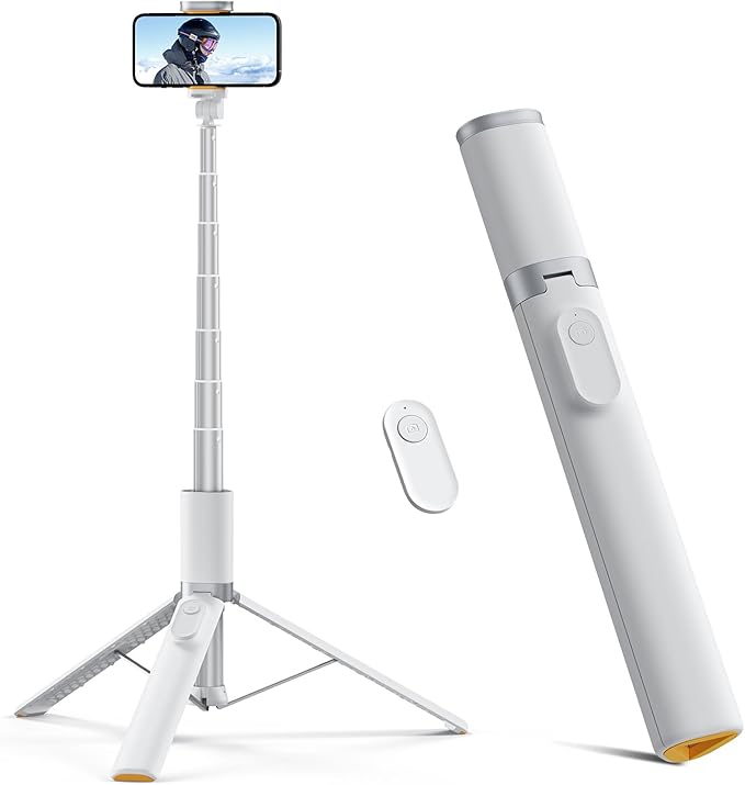 TODI 63" Phone Tripod, Extendable Selfie Stick with Wireless Remote and Phone Holder, Portable All-in-1 Cell Phone Tripod Stand for Video Recording, Compatible with iPhone/Android (White)