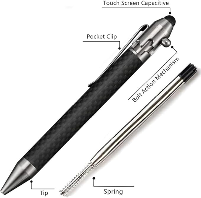 Cool Hand 4.5'' Carbon Fiber Bolt Action Pen with Retractable Stylus Tip for Any Touch Screen, Compact Size, Skelton Out Deep Pocket Clip (5.7''Carbon Fiber Silver)