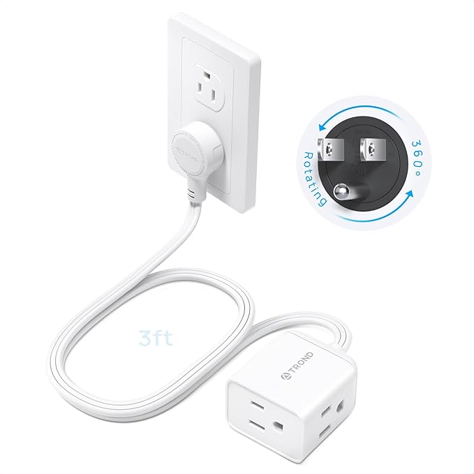 TROND Short Extension Cord 3ft with 360° Rotating Flat Plug, Low Profile Small Power Strip, Three Prong Grounded Outlets Cube, 13A, 16 AWG Cable for Indoor Home Office Cruise Travel Essentials, White