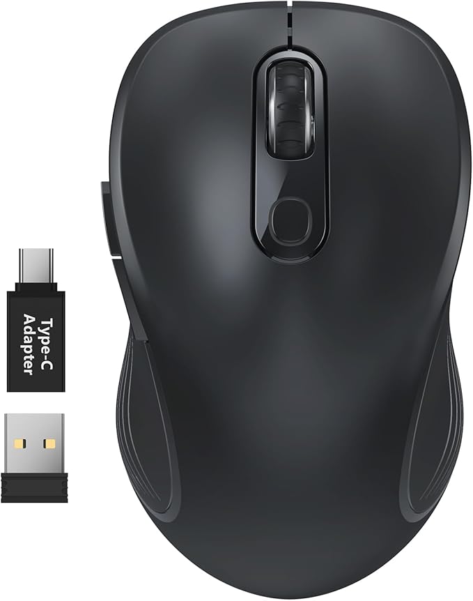 WisFox 2.4G Wireless Mouse for Laptop, Ergonomic Computer Mouse with USB Receiver and Type-C Adapter, 3 Adjustable Levels, 6 Button Cordless Wireless Mice for Windows Mac PC Notebook (Black)