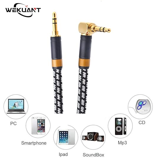 Aux Cord, Audiophile 3.5mm Stereo Audio Cable [1m (3.2Feet), Silvered-Plated Copper core, Right Angle] Unbreakable and Great for Laptop, Tablets, Headphones, Cars and More.