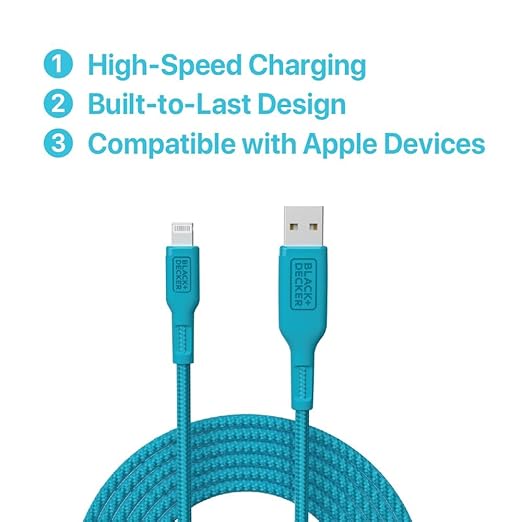 BLACK+DECKER Lightning to USB Cable - Fast Compatible iPhone Lightning Cable - Durable Braided iPhone Charger Cord - for Travel and Daily Use - Multiple Color + Length Options - 6ft