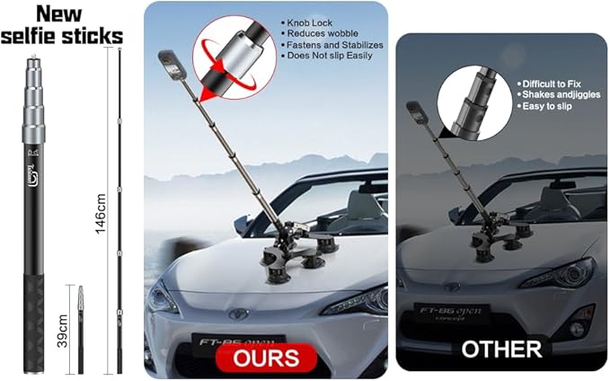 Suction Car Mount for Insta360 x5/X4/X3/X2/GO 3/ONE/GoPro Max-59 Lockable Anti-Fall Selfie Stick with 5 Suction Cups, 3-Person Car Camera Mount for 360° Action Vlog Cameras, DSLR (Indoor & Outdoor)