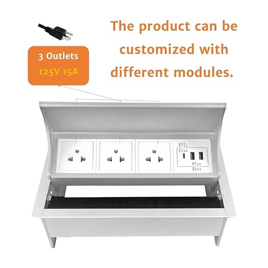 ZESHAN Conference Table Power hub Desktop pop up Outlet with 3 US Plugs and USB C Fast Charger for Home Office Tabletop, 1.8M Extension Power Cord for Desk, Silver
