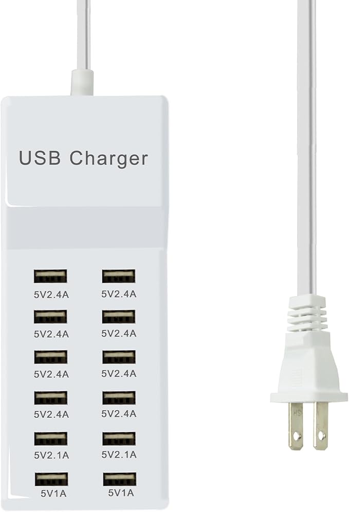 Multi Port USB Charging Station Wall Charger, Multi-Port Fast Charging Station, Compatible with iPhone, Android Phones, Tablets and Bluetooth Speakers - Compact for Home Office and Travel Use White