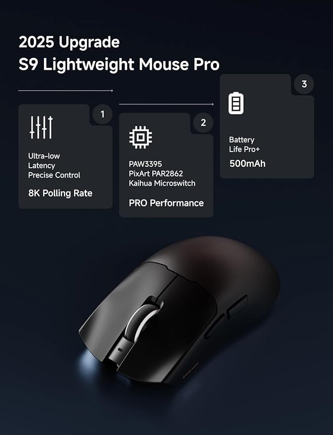S9 Pro Wireless Gaming Mouse, 59G Ergonomic Computer Mouse, Triple Modes, 8K Polling, 26K DPI, PAW3395 Optical Sensor, Kailh Switch, 250h Battery Life, Programmable for PC/Win/Mac(Black)
