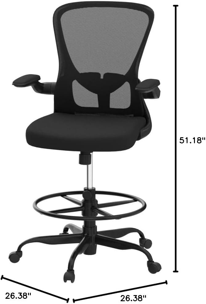 Drafting Chair, Tall Office Chair with Flip-up Armrests Executive Ergonomic Computer Standing Desk Chair, Office Drafting Chair with Lumbar Support and Adjustable Footrest Ring