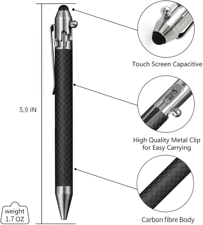 Cool Hand 4.5'' Carbon Fiber Bolt Action Pen with Retractable Stylus Tip for Any Touch Screen, Compact Size, Skelton Out Deep Pocket Clip (5.7''Carbon Fiber Silver)