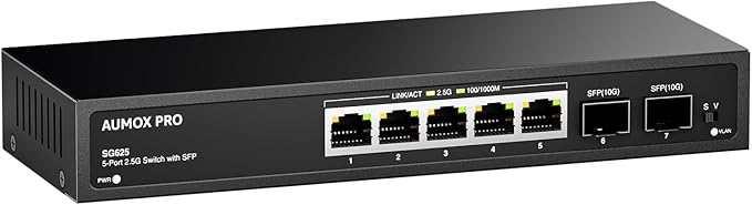 7 Port 2.5Gb Unmanaged Ethernet Switch with 5* 2.5G Base-T Ports, 2*10G SFP Ports, AUMOX PRO 65 Gbps Vlan Switching Capacity Compatible with 100/1000/2500Mbps Plug and Play