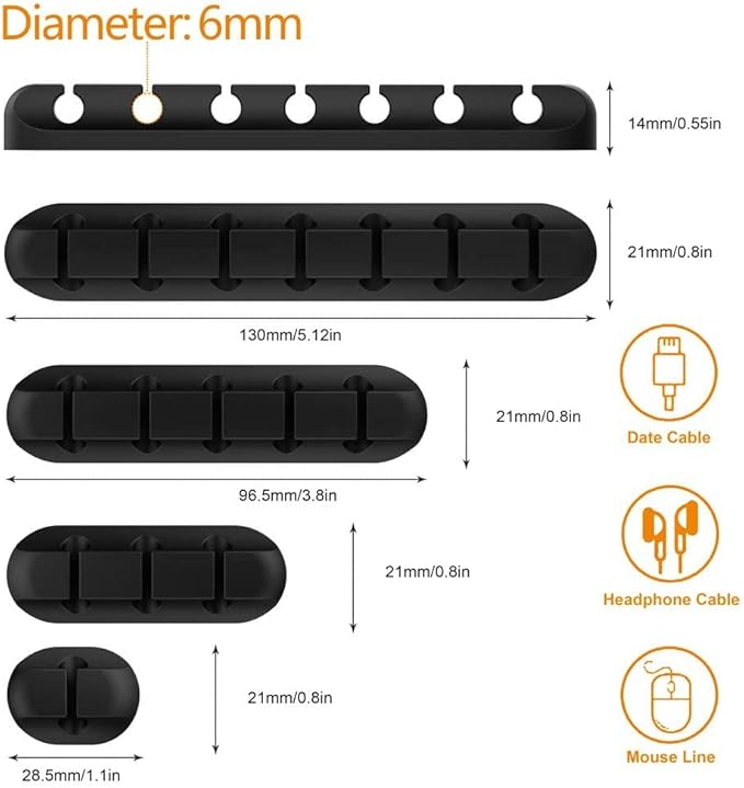 Cord Holder Cable Organizer Clips – Self Adhesive Cord Organizer for Desk, Car, Nightstands, Office, Black Silicone Cord Keeper Cable Clips Wire Holders for Charger Cords (7-5-3-1-1 Slots)