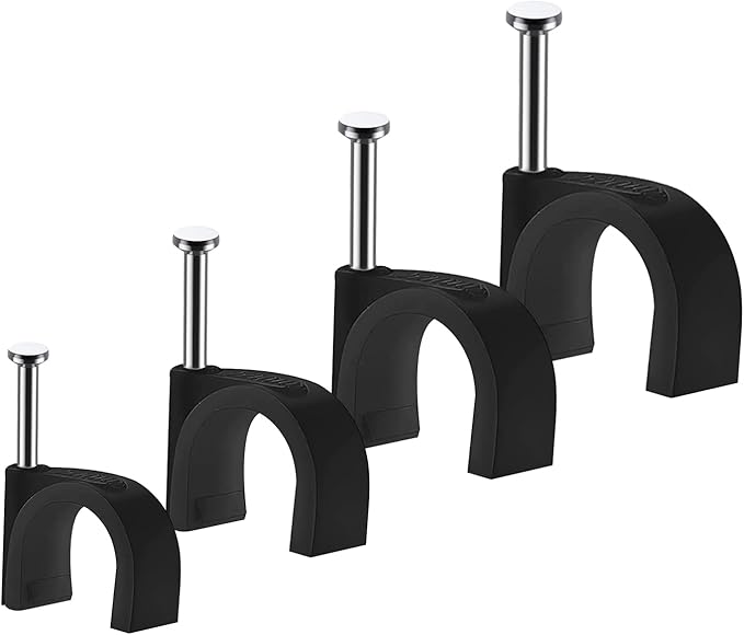 Cable Clips, 400 Pcs, 4mm 6mm 8mm 10mm, Wire Wall Clips with Steel Nails, Cable Management Organizer Clips, Cable Tacks Coax Holder Clips, RG6 RG59 CAT6 RJ45 Cable Cord Clips, Black