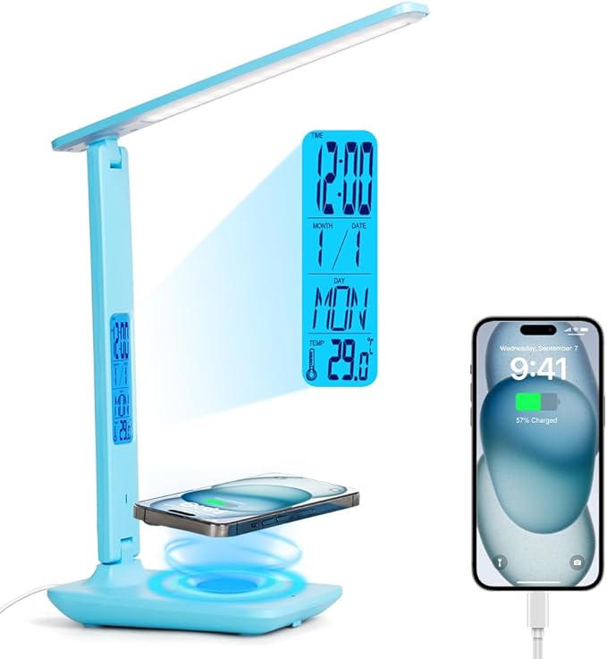 Multifunctional LED Desk Lamp with Wireless Charger,USB Charging Port,Clock,Phone Holder,Desk Lamps for Home Office,Eye-Caring Reading Lamp,Study Lamp for Boys,Girls,Teens,Blue