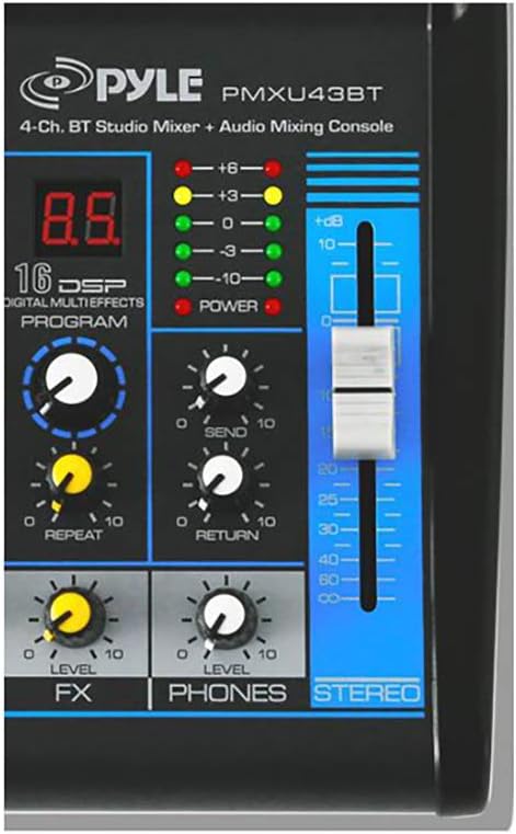 Pyle Professional Audio Mixer Sound Board Console System - Interface 4 Channel Digital USB Bluetooth MP3 Computer Input 48V Phantom Power Stereo DJ Studio Streaming FX 16-Bit DSP processor - PMXU43BT
