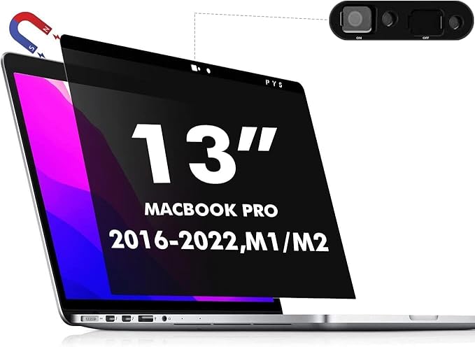 PYS Privacy Screen for MacBook Pro 13.3 Inch Laptop (2016-2022 M1/M2) – Magnetic Anti-Spy Security Filter with Webcam Cover Slider, Easy On/Off & Touch Bar Compatibility for MacBook Pro 13 inch Laptops