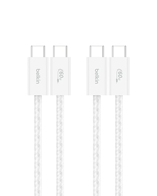 Belkin USB C to USB C Cable 2-Pack, 3.3ft, 60W - Type C Charger, iPhone Charger Cord, Soft, Braided, Flexible for iPhone 16, Galaxy S25, Pixel 9, Airpods, iPad Pro & More, Travel Essentials - White