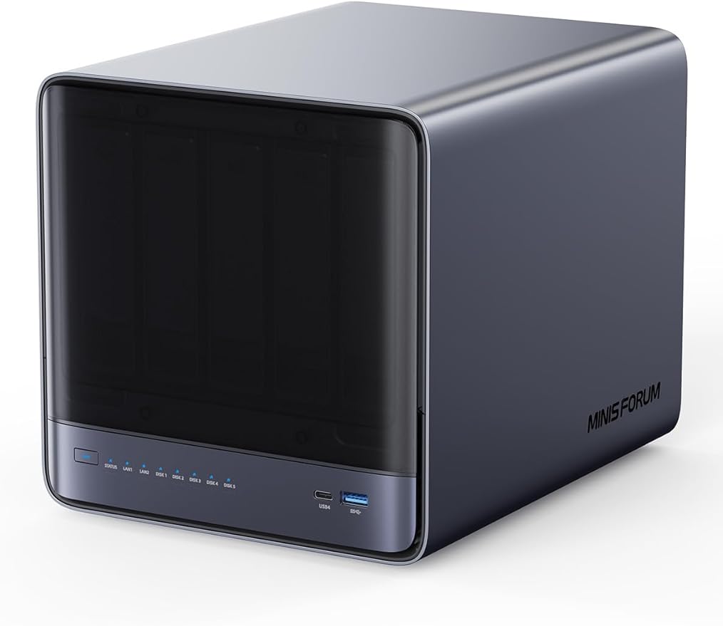 MINISFORUM N5 Pro 5-Bay Desktop AI NAS, AMD Ryzen AI 9 HX PRO 370(12C/24T) CPU, 16GB DDR5, 128G SSD, 1x10GbE, 1x5GbE, 2xUSB4, 8K HDMI, OCuLink, 1xM.2+2xU.2/M.2 Slot, Network Attached Storage(Diskless)