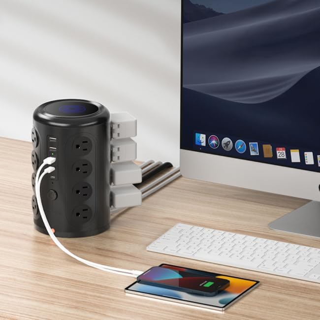 Tower Power Strip with 15W Wireless Charger, 15FT Extension Cord with Multiple Outlets, 16 AC Outlets & 5 USB (2 USB C) Charging Station Surge Protector for Office Home Dorm Room (Black)