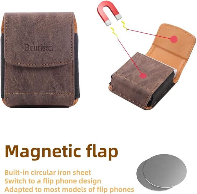 Universal Phone Holster Phone Pouch Case Belt Clip Belt Loops Card Slot Faux Leather for Man for Samsung Galaxy Z Flip 5/4/3 Motorola Razr Plus Razr+ 2023 (Brown&Yellow, XS(3.7"x3.1"x1.1"))