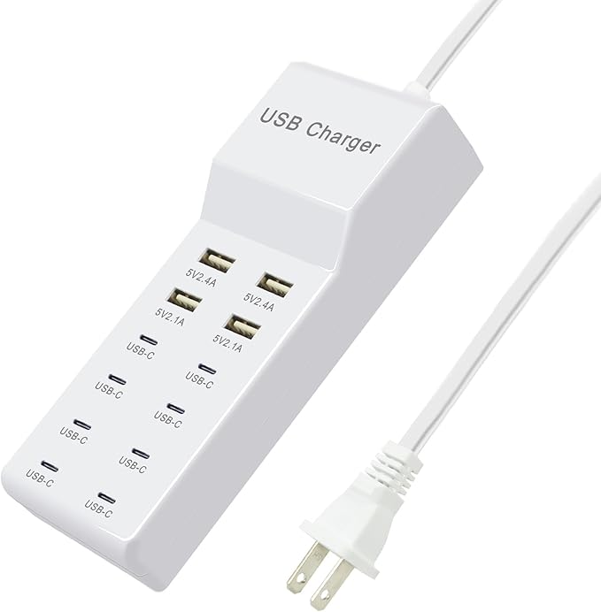 Multi-Port USB C Charging Station - Fast Charger for iPhone 15/14, Samsung Galaxy, iPad and Tablets - Desktop Home USBC Charger Hub with UL Certification and Safety Travel Protection White