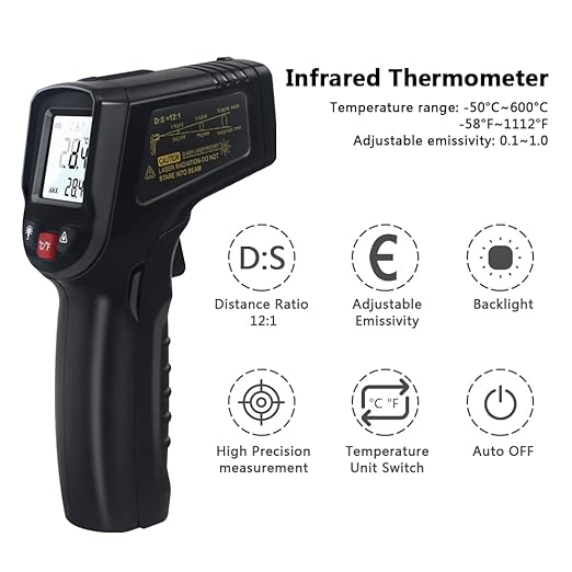 KETOTEK Infrared Thermometer Non Contact IR Digital Laser Temperature Gun -50℃～600℃ (-58℉～1112℉) Adjustable Emissivity Thermometer Gun for Cooking