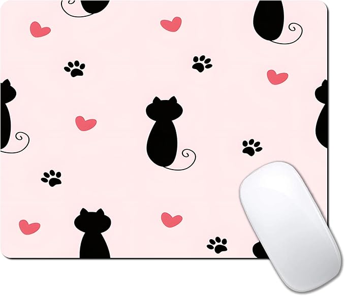 Cute Heart Cartoon Black Cat Paw Custom Mouse Pad with Non-Slip Rubber, Small Square Design for Wireless Laptop & Computer Mouse Pads for Desk, 9.5 x 7.9 inch Smooth Surface for Gaming & Office