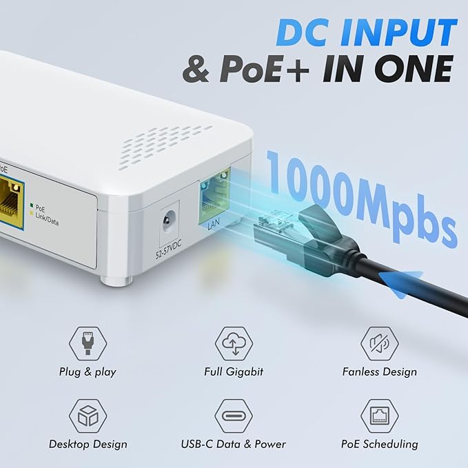 PoE to USB C Switch 60W 802.3af/at Compliant, 1 USB-C Port (30W PD Charging & Gigabit Ethernet) & 1 PoE+ Port & 1 Ethernet Port, for Smartphones/Sablets/Laptops/Camera/Access Point, DC Powered