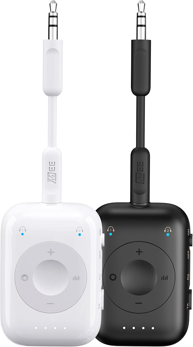 MEE audio Connect Air Pro (2 PACK) Bluetooth Wireless Audio Transmitter & Receiver for AirPods or Bluetooth Headphones, 2-in-1 Adapter with Detachable Cable for 3.5mm devices on Airplanes, Black&White