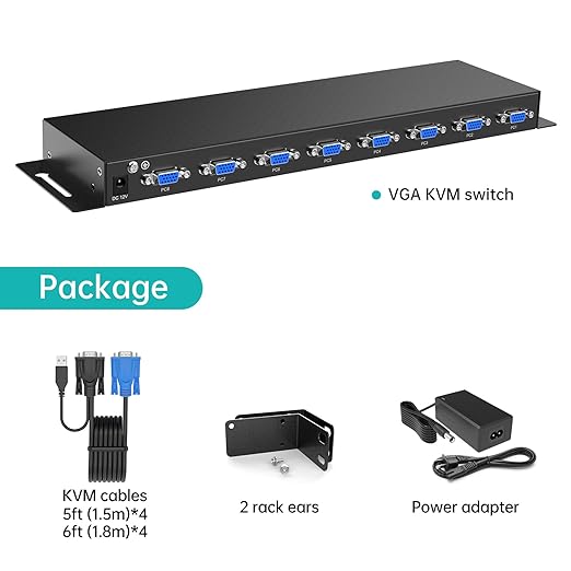 MT-VIKI 8 Port KVM Switch VGA +8 KVM Cables, Daisy Chain Component for VGA LCD KVM Console, Cascading up to 64 Devices, Support Keyboard hotkey & OSD Switching