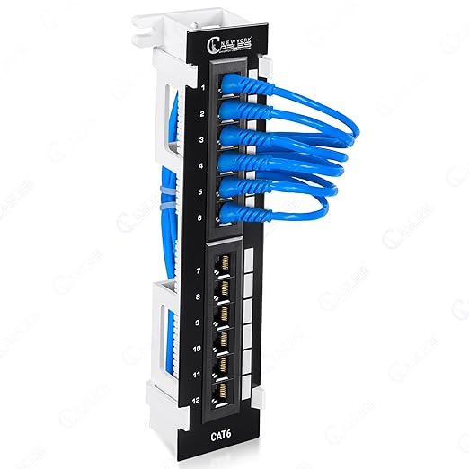 NewYork Cables 12 Port Vertical Cat6 Patch Panel – 10Gb Ethernet, 1U Wall Mount, T568A/B Color-Coded, Unshielded Keystone, 110/Krone Compatible, with Back Bar, Cable Ties & Screws
