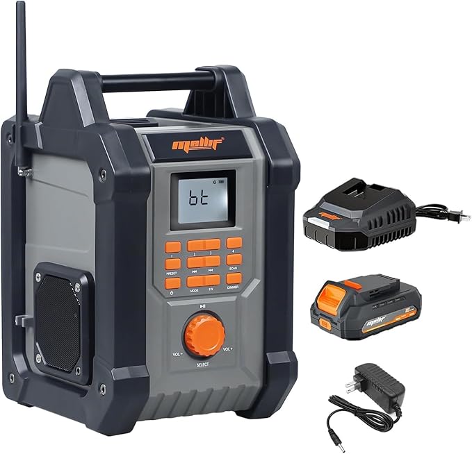 Mellif Jobsite Radio Speaker Compatible with Dewalt 20v Max Battery, Enhanced Signal Reception, 100ft Wireless Range, Stereo, IPX54 Waterproof, TWS, AM/FM Presets, 2.0 Battery & 18V AC Power Cord