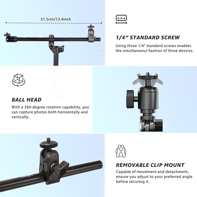 Phone Tripod, Arsoer 67" Adjustable Height Tripod with Horizontal Column and Removable Clip Mount for Overhead Shot, 360° Rotation Stand with Wireless Remote/Carry Bag for iPhone/Webcam