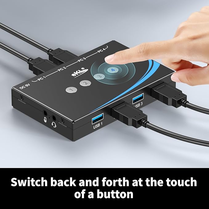 eKL USB 3.0 Switch 4 Computers Share 4 USB 3.0 Ports USB Switcher for PC Laptop Mouse Keyboard Scanner Printer One Button Switch with 3.5mm Headphone Jack and 4 Pack Cables