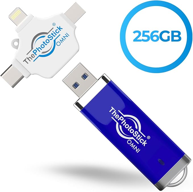 ThePhotoStick® Omni 256GB - Secure Photo & Video Backup and Transfer | Digital File Organization | USB & Multiport Connection for Phones, Tablets and Computers | Portable Memory | External Storage
