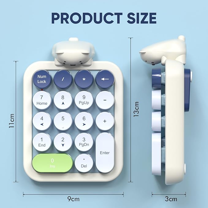 MOFII Wireless Number Pad with Bear - Mixed Blue Numeric Keypad 18 Keys 2.4G Round Keycap Colorful Extensions Cute Numpad, Portable Accounting Financial Retro Numpad 10 Key for Laptop/PC/Notebook