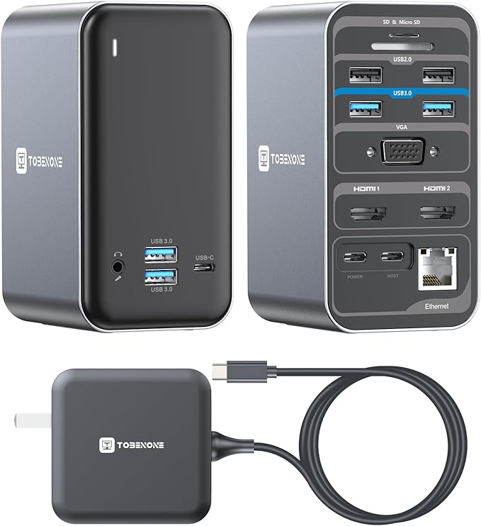 TobenONE USB C Docking Station Dual Monitor with 100W GaN Charger, Laptop Dual HDMI Docking Station with 7 USB, SD/TF, Ethernet, and Audio/Mic, 15 in 1 USB C Dock for Windows, and ChromeOS