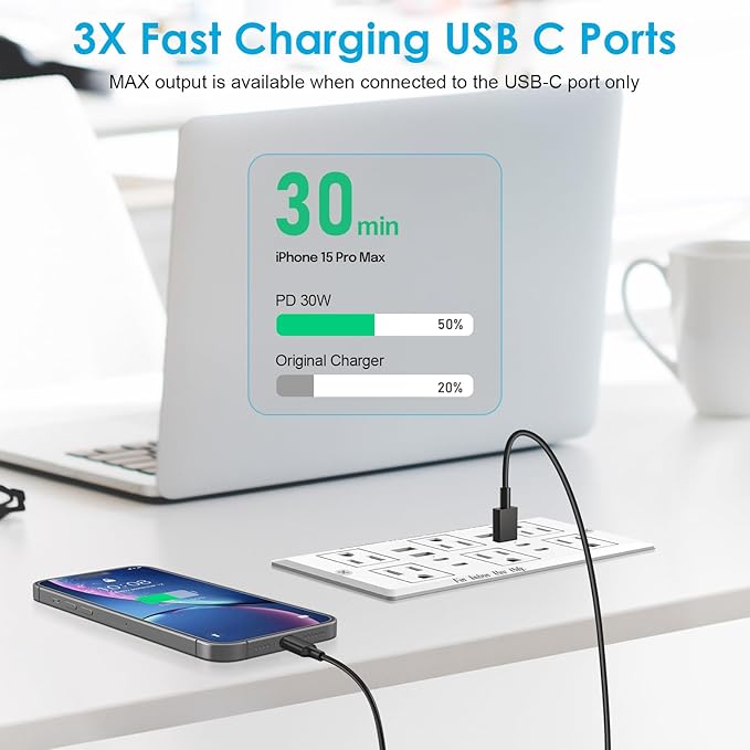 30W Recessed Power Strip USB C, Desk Flush Mount Outlet Plug in 6 AC & 8 USB Ports for Furniture Conference Power Hub, 6FT