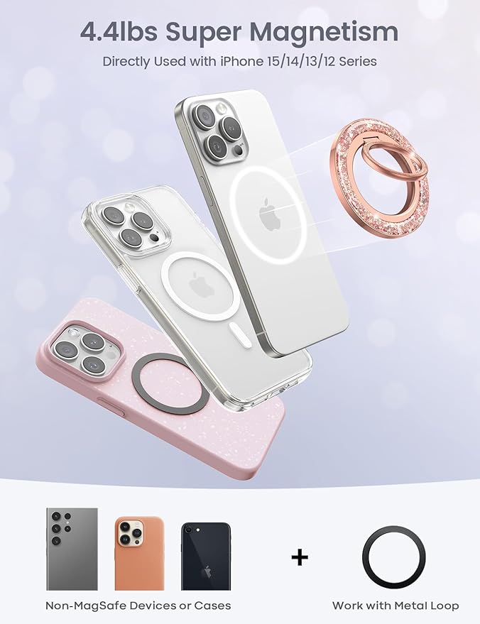 Lamicall Magnetic Twinkle Ring for MagSafe Grip - Stylish Glitter for Mother, Magnet Phone Ring Finger Holder Stand, Upgrade Gear Hinge Mag Safe Accessories for iPhone 16 15 Pro Max, Rose Gold