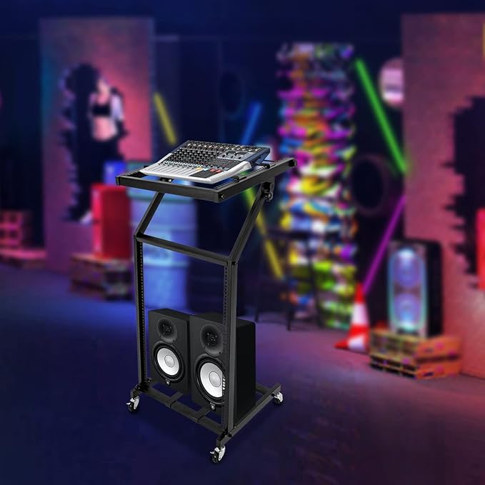 16U Professional DJ Stand Rack Mount DJ Mixer Stand Adjustable Stage Cart w/Wheel for Music Party Show Music Studios Performance Stages Concert Venues